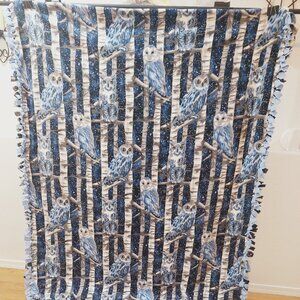 Blue Owls Fleece Handmade Throw Blanket #49 (51in W x 67in L)